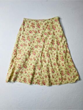 Vintage 90s Linen Floral A-Line Midi Skirt Yellow with Pink Rose Print
